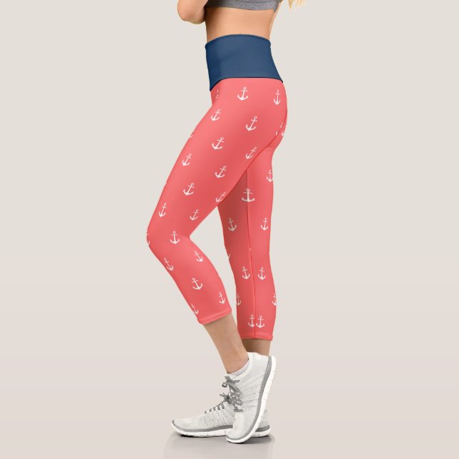 Custom Background Colors Nautical White Anchor Capri Leggings (Left)
