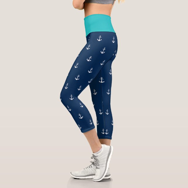 Custom Background Colors Nautical White Anchor Capri Leggings (Left)