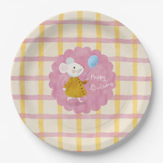 Custom Background Pink Yellow Plaid Mouse Birthday Paper Plates