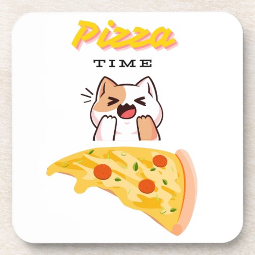 Custom Background Pizza Time Kitty Cat Beverage Coaster