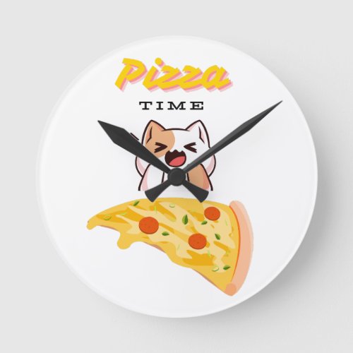 Custom background Pizza Time Kitty Cat Round Clock