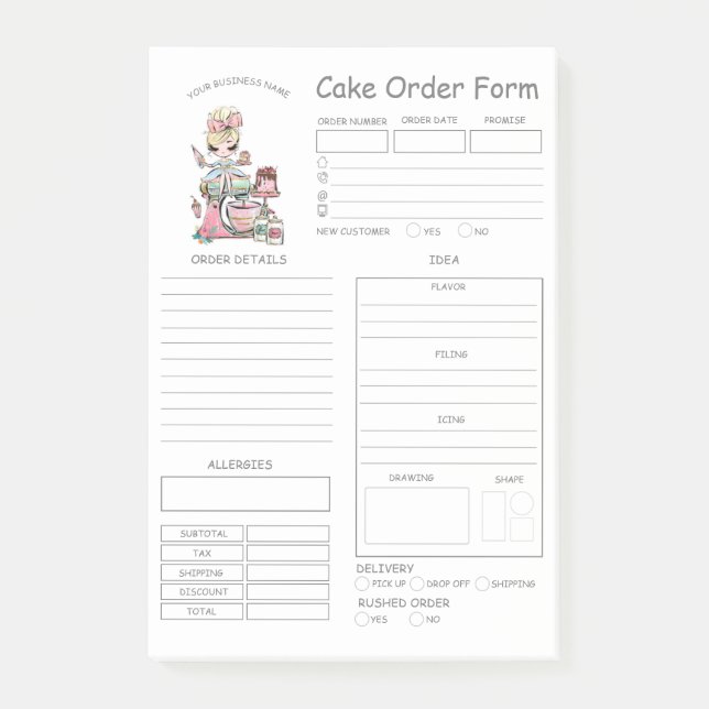 Custom  Bakery Cake Order Form Notes (Front)