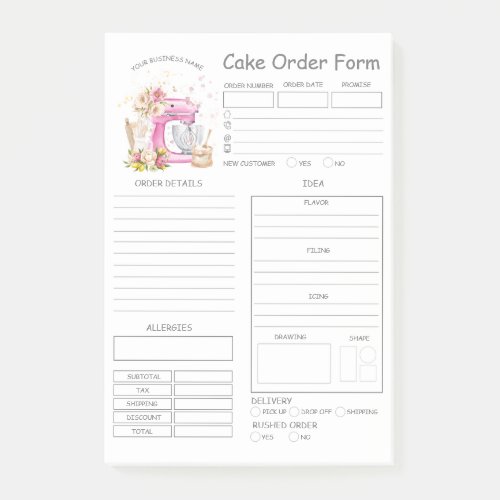 Custom  Bakery Cake Order Form Notes