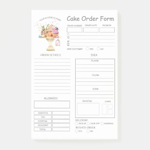 Custom  Bakery Cake Order Form Notes