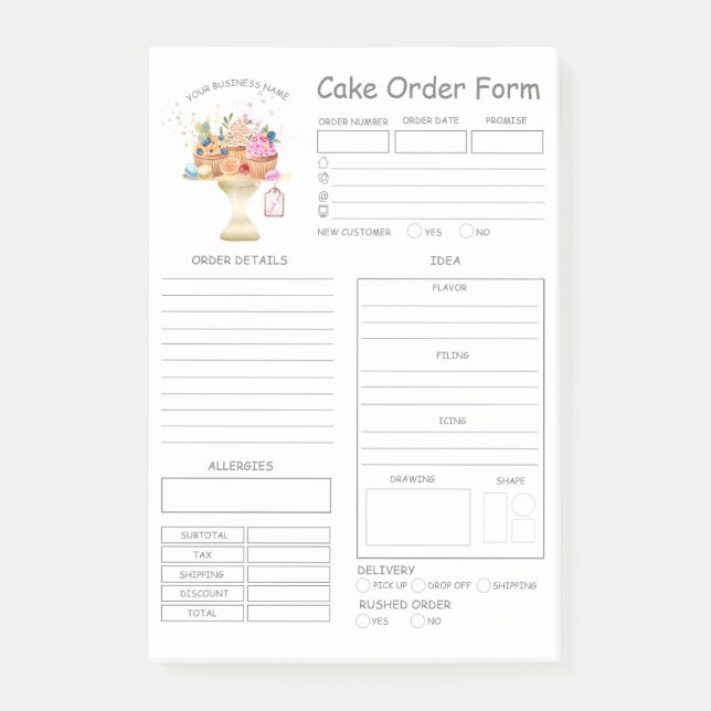 Custom  Bakery Cake Order Form Notes (Front)