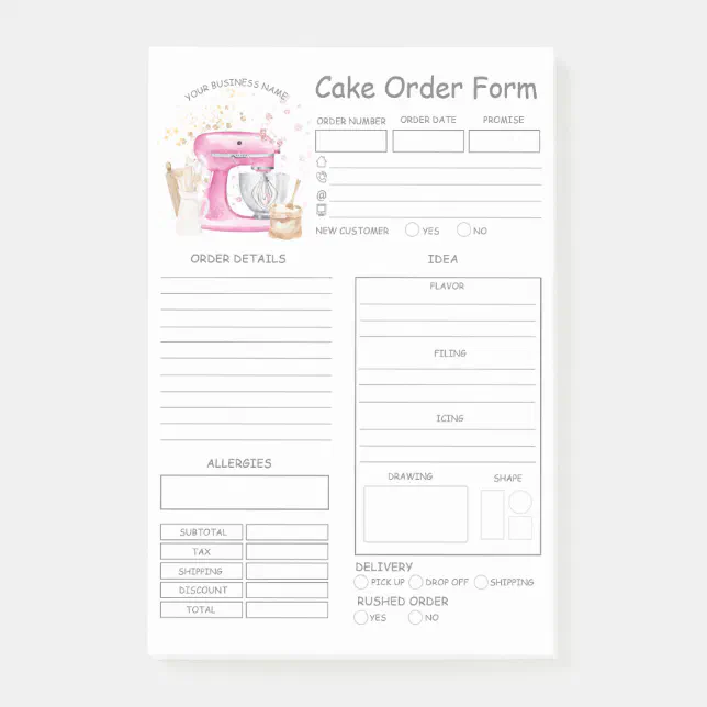 Cake Order Form / 8.5x11 inches / A4 - Breezy Colors Design | Cake order  forms, Wedding bakery, Order form