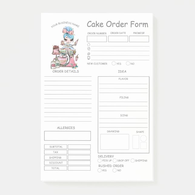 Custom  Bakery Cake Order Form Notes (Front)