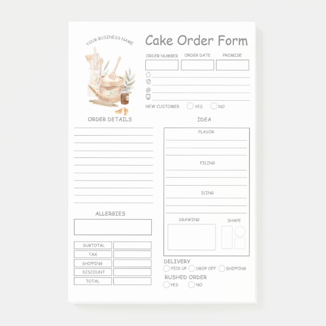 Custom  Bakery Cake Order Form Notes (Front)