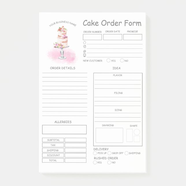 Custom  Bakery Cake Order Form Notes (Front)