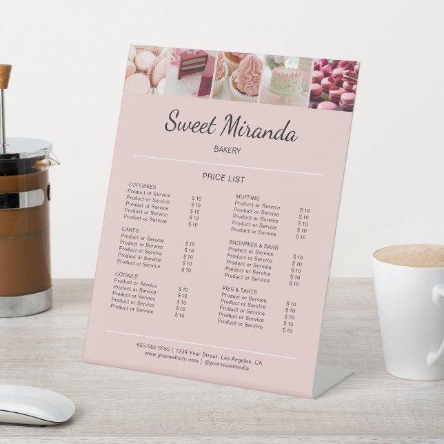 Custom Bakery Photo Pink Business Price List Pedestal Sign (In SItu)