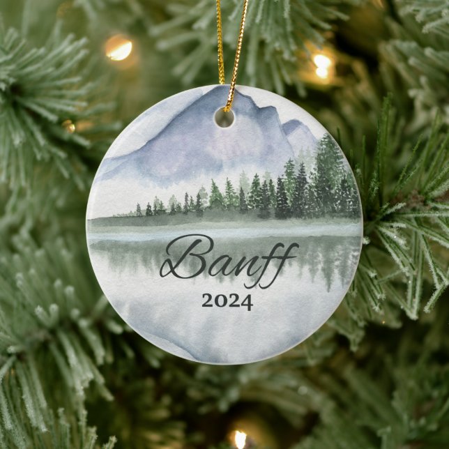 Custom Banff Watercolor Mountain Lake Trees Ceramic Ornament (Tree)