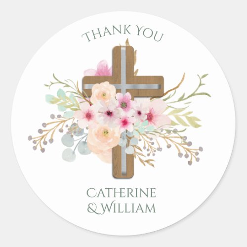 Custom Baptism Communion Confirmation Floral Cross Classic Round Sticker