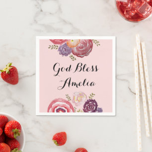 Custom Baptism God Bless Pink Flower Napkins