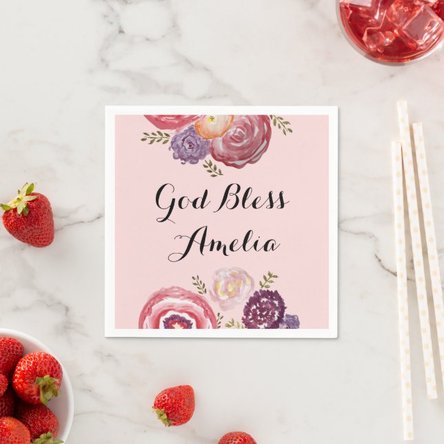 Custom Baptism God Bless Pink Flower Napkins (Insitu)