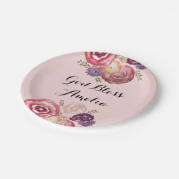 Custom Baptism God Bless Pink Flower Paper Plate | Zazzle