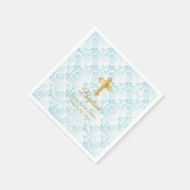 Custom Baptism in Blue, White and Gold Paper Napkins (Corner)