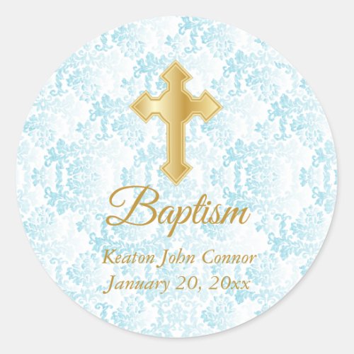 Custom Baptism in Blue White Damask and Gold Classic Round Sticker