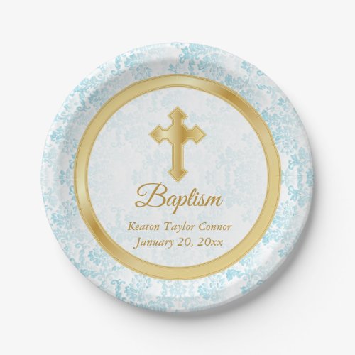 Custom Baptism in Blue White Damask and Gold Paper Plates