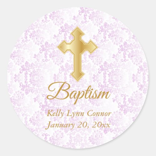 Custom Baptism in  Pink White Damask and Gold Classic Round Sticker