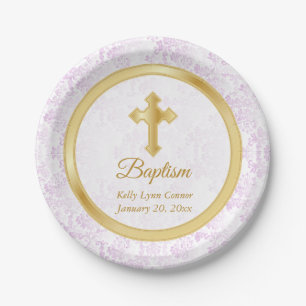 Custom Baptism in Pink, White Damask and Gold Paper Plates