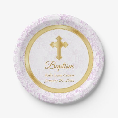 Custom Baptism in Pink White Damask and Gold Paper Plates