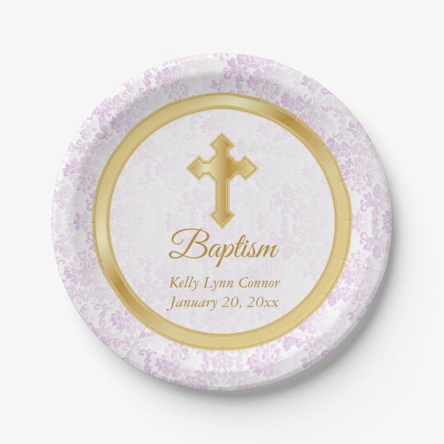 Custom Baptism in Pink, White Damask and Gold Paper Plates (Front)