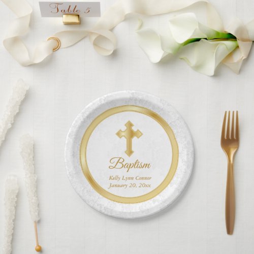 Custom Baptism in  Pretty White Damask and Gold Paper Plates