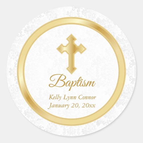 Custom Baptism in  Pretty White Damask  Gold 2 Classic Round Sticker