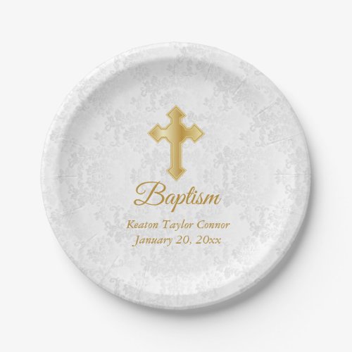 Custom Baptism in White Damask and Gold Paper Plates