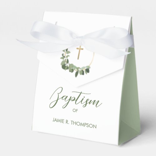 Custom Baptism Modern Green Wreath gold cross Favor Boxes