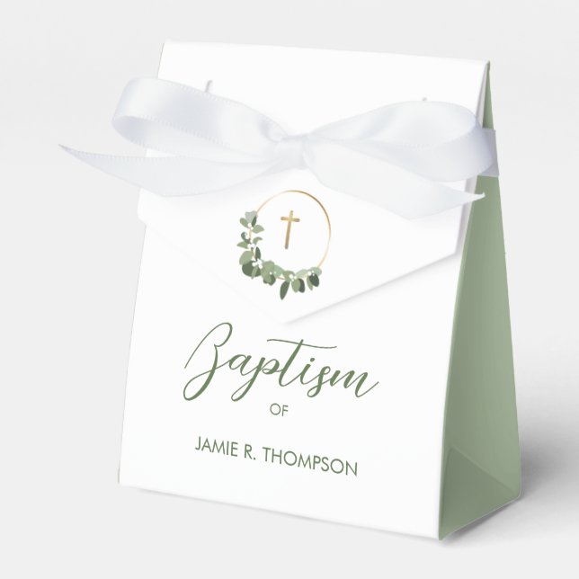 Custom Baptism Modern Green Wreath gold cross Favor Boxes (Front Side)