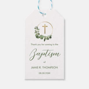 Custom Baptism Modern Green Wreath gold cross Gift Tags