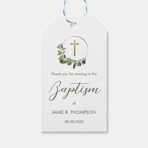 Custom Baptism Modern Green Wreath gold cross Gift Tags