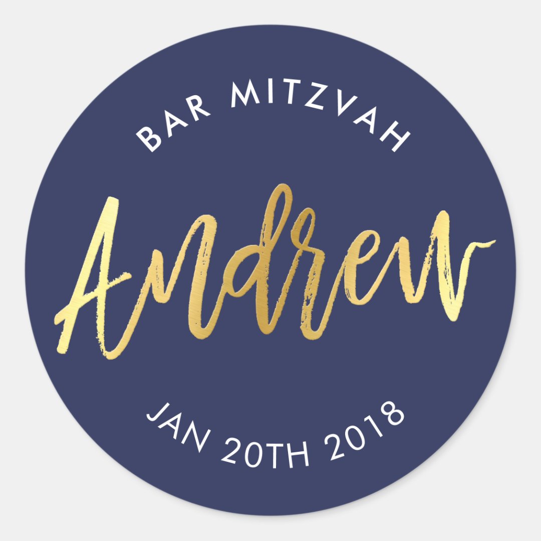 CUSTOM Bar Mitzvah for Andrew navy + gold Classic Round Sticker Zazzle