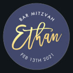 CUSTOM Bar Mitzvah for Ethan navy   gold Classic Round Sticker<br><div class="desc">by kat massard >>> WWW.SIMPLYSWEETPAPERIE.COM <<< *** NOTE - THE SHINY GOLD FOIL EFFECT IS A PRINTED PICTURE *** - - - - - - - - - - - - - - - - - - - - - - - - - - - - - - - -...</div>