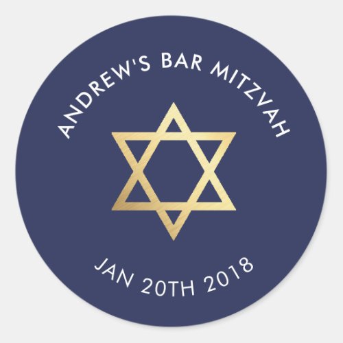 CUSTOM Bar Mitzvah for jewish star navy  gold Classic Round Sticker