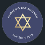 CUSTOM Bar Mitzvah for jewish star navy   gold Classic Round Sticker<br><div class="desc">by kat massard >>> WWW.SIMPLYSWEETPAPERIE.COM <<< *** NOTE - THE SHINY GOLD FOIL EFFECT IS A PRINTED PICTURE *** - - - - - - - - - - - - - - - - - - - - - - - - - - - - - - - -...</div>