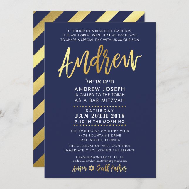 CUSTOM Bar Mitzvah Invite for Andrew navy + gold (Front/Back)