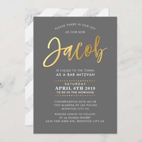 CUSTOM Bar Mitzvah Invite for Jacob grey  gold