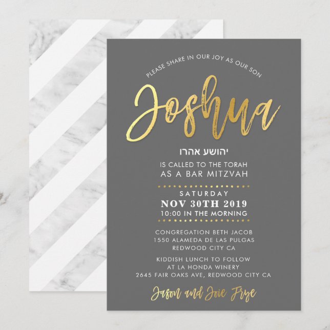 CUSTOM Bar Mitzvah Invite for Joshua grey + gold (Front/Back)