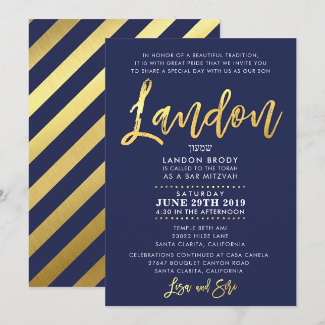 CUSTOM Bar Mitzvah Invite navy blue + gold LANDON (Front/Back)