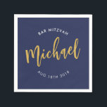 CUSTOM Bar Mitzvah lunch navy gold calligraphy Napkins<br><div class="desc">by kat massard >>> WWW.SIMPLYSWEETPAPERIE.COM <<<</div>