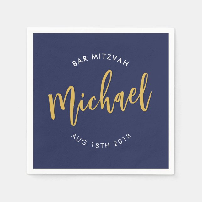 CUSTOM Bar Mitzvah lunch navy gold calligraphy Napkins (Front)