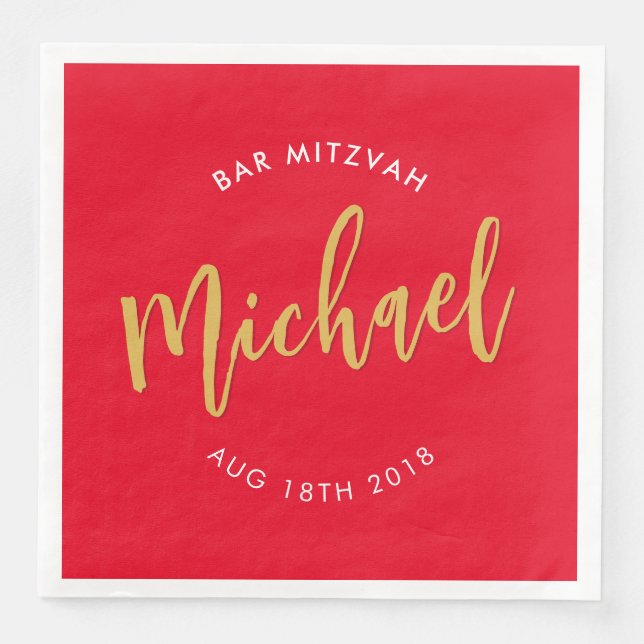 CUSTOM Bar Mitzvah lunch red gold calligraphy Paper Dinner Napkins (Front)