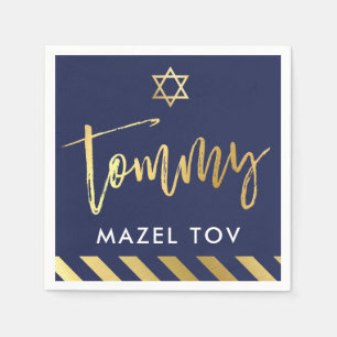 CUSTOM Bar Mitzvah mazel tov for Tommy navy + gold Paper Napkins