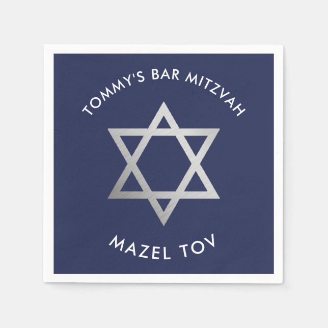 CUSTOM Bar Mitzvah mazel tov star navy + silver Napkins (Front)