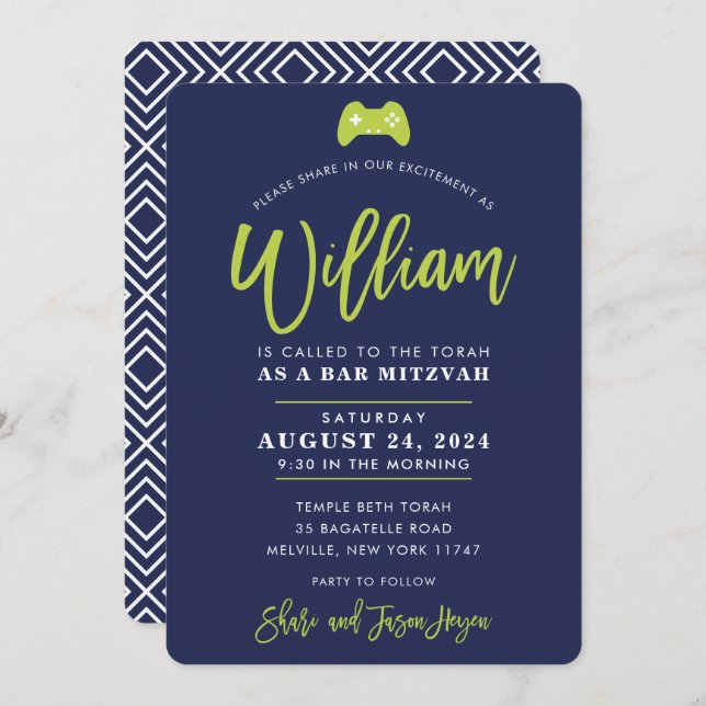 CUSTOM Bar Mitzvah modern gaming navy lime WILLIAM Invitation (Front/Back)
