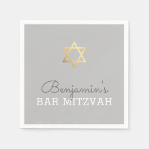 CUSTOM Bar Mitzvah modern gold star gray Paper Napkins