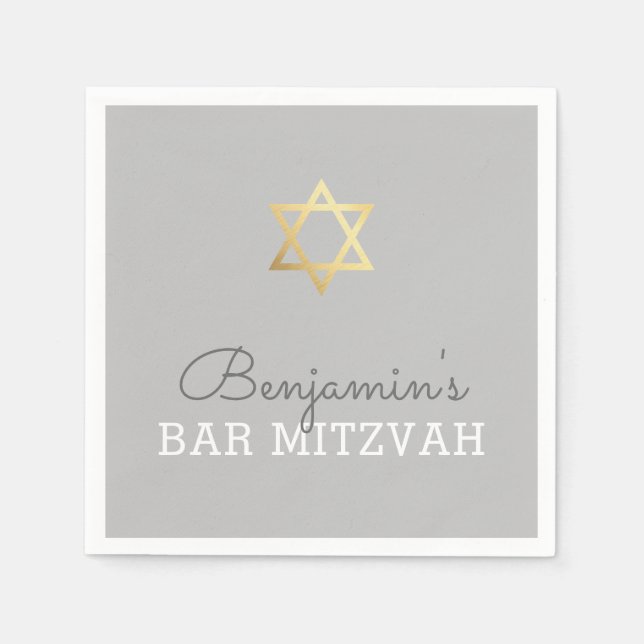 CUSTOM Bar Mitzvah modern gold star gray Paper Napkins (Front)