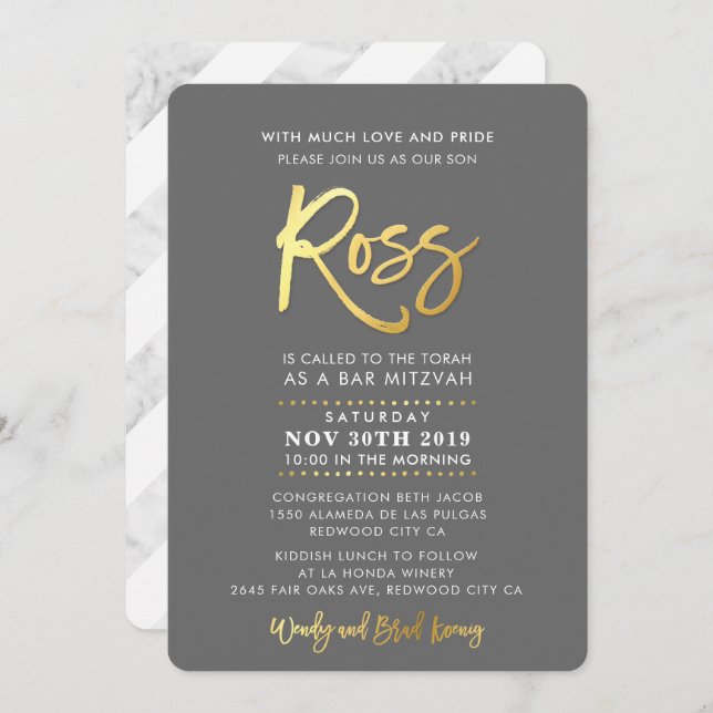 CUSTOM Bar Mitzvah modern gray + gold script ROSS Invitation (Front/Back)